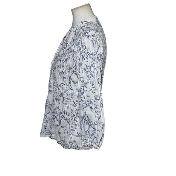 120% Lino Etched Indigo Floral Print Poet Style Top Pintucked sz IT 38, US 2 - Picture 2 of 9